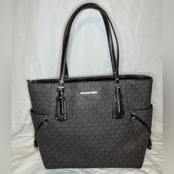 Michael Kors Signature Tote Bag | Black MK Logo Coated Canvas - Picture 1 of 7